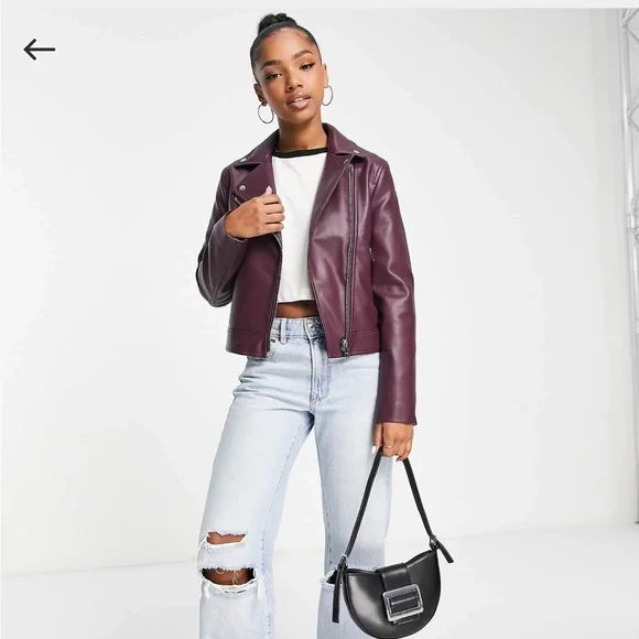 ASOS Faux Biker Leather Jacket in Burgundy - Picture 3 of 8